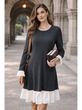 Soft Academia CeCe Charcoal Sweater Dress |Feminine Minimalist Preppy | M | NWT